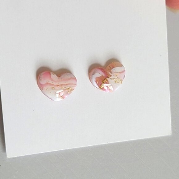 Boho Girly Dainty Mini Pink White Gold Agate Puffy Heart Studs Earrings - Picture 6 of 9